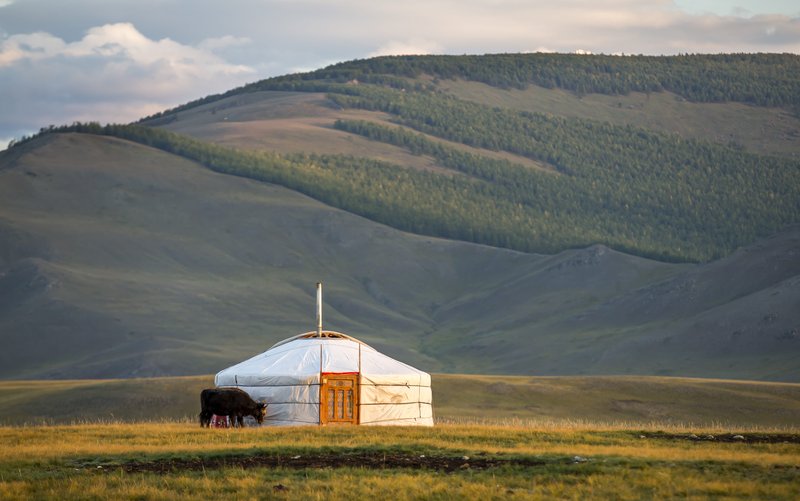 Yourte devant un paysage de Mongolie