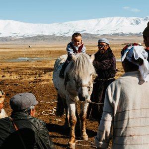 Un enfant sur le dos d'un cheval mongol devant la chaine de montagnes Altai en Mongolie
