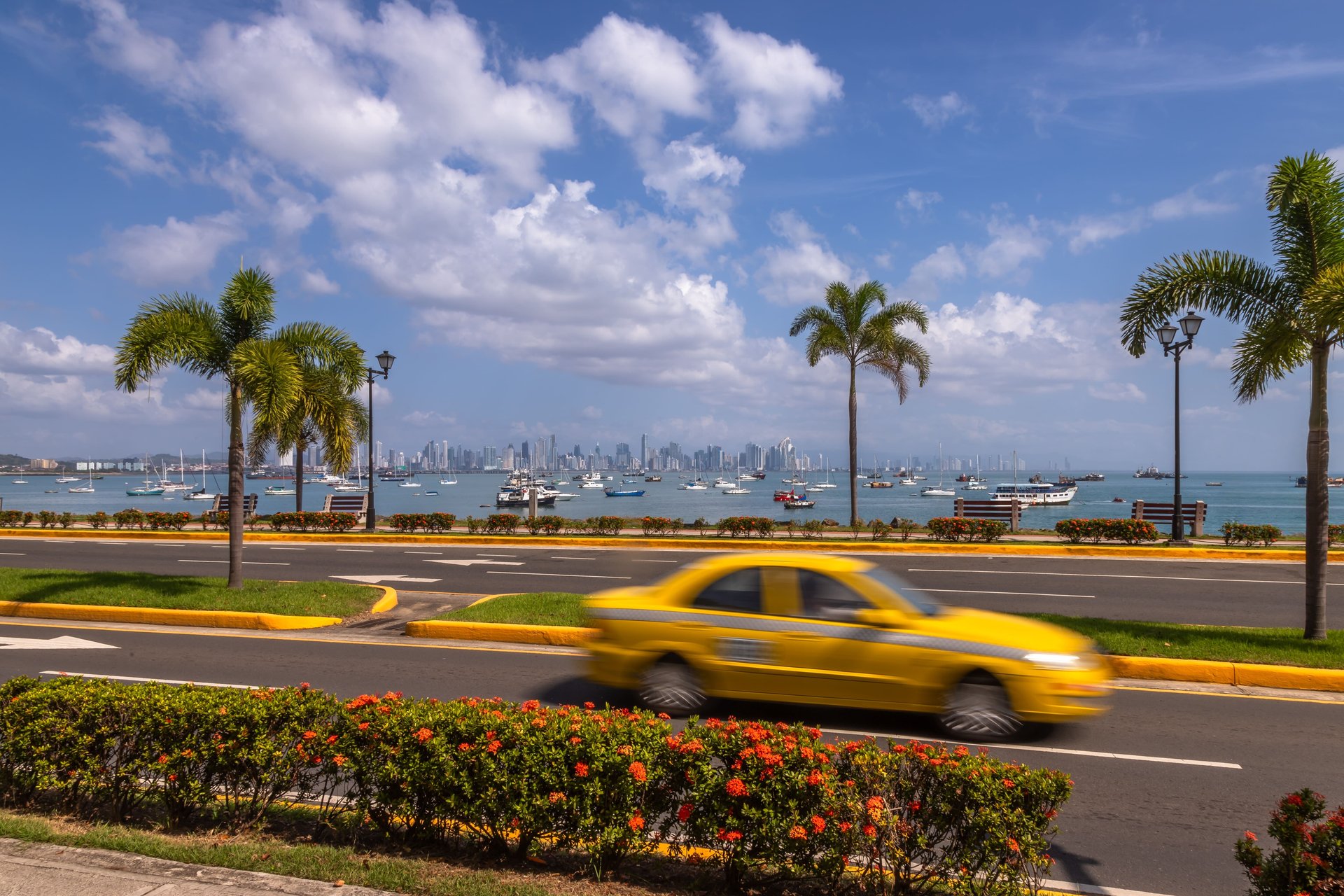 Taxis avec une vue sur la baie à Panama City, Panama